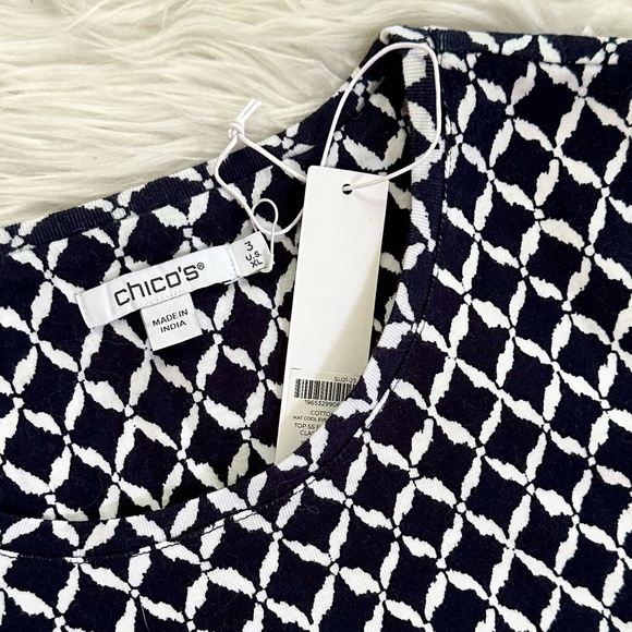 CHICO’S NWT XL 3 Cool Ikat Cotton Crew Neck Tee • Diamond Print Classic Navy - Picture 5 of 12